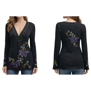 Y2K Soul Revival Embroider Floral Butterfly Black Waffle Knit Deep V-Neck Top L